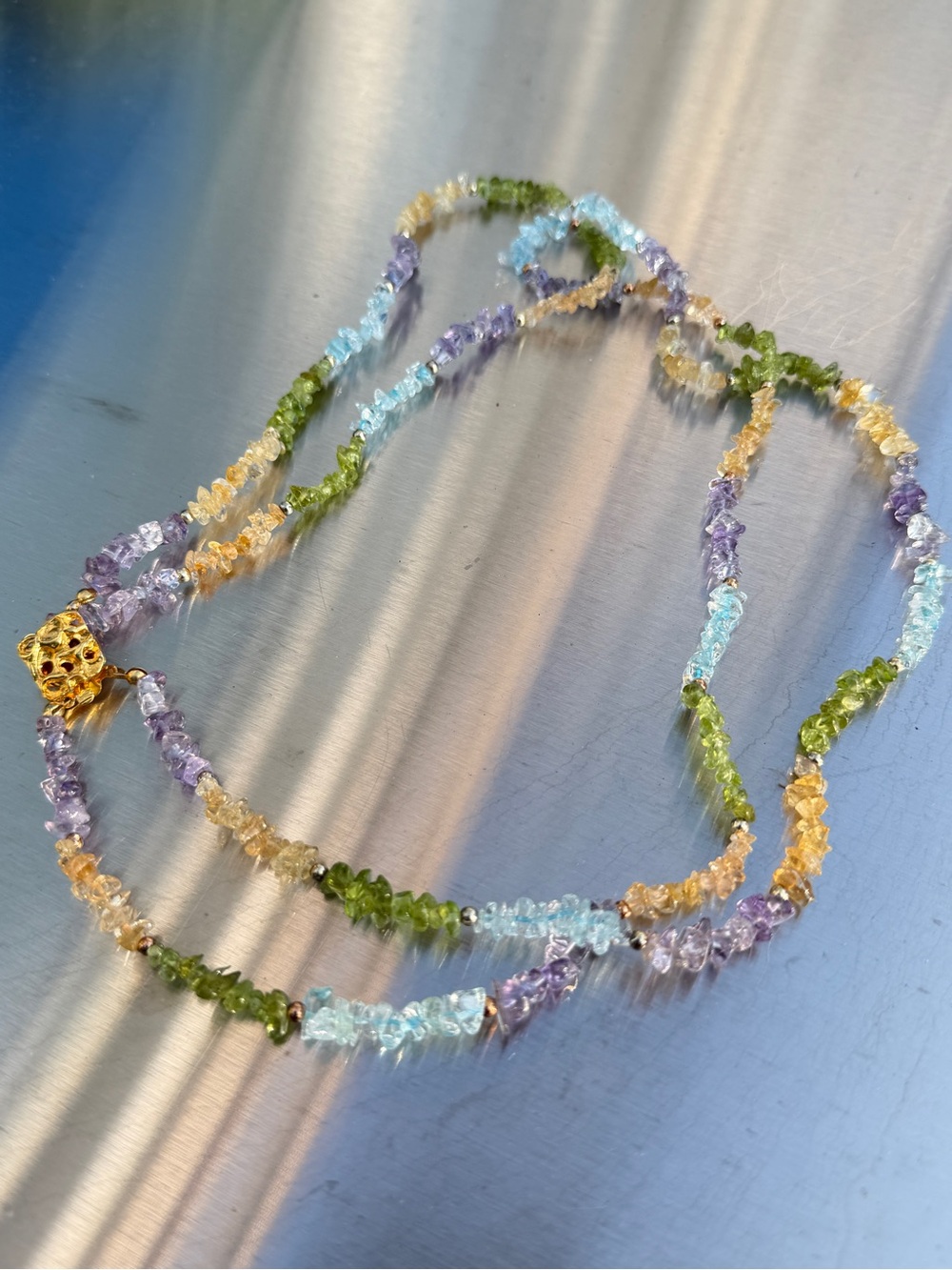 22” citrine, aquamarine, amethyst, peridot chip necklace w/ gold box clasp!